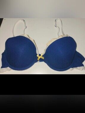XHILERATION Navy Blue and Gold Push-Up Bra With Lace Detail around the Edges 36B